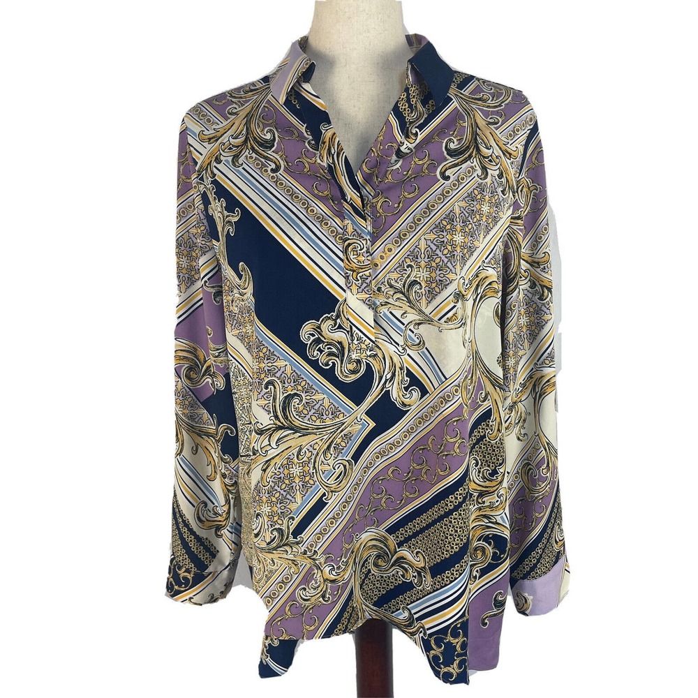Chicos Blouse Tunic Womens 1 Medium Purple Blue Gold Printed Crisscross Paisley